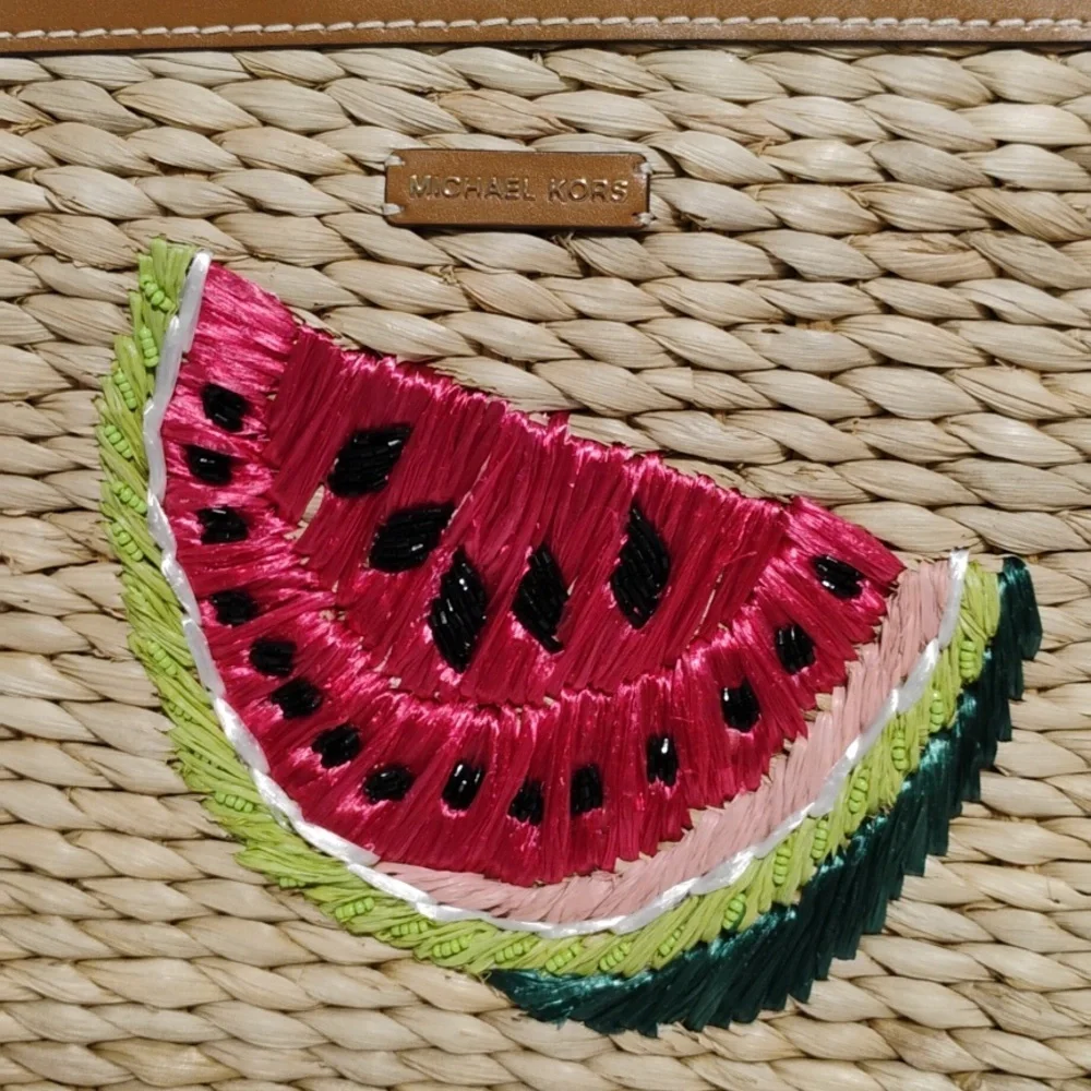 NWOT Michael Kors Malibu Straw Watermelon XL Zip Clutch - Picture 3 of 12
